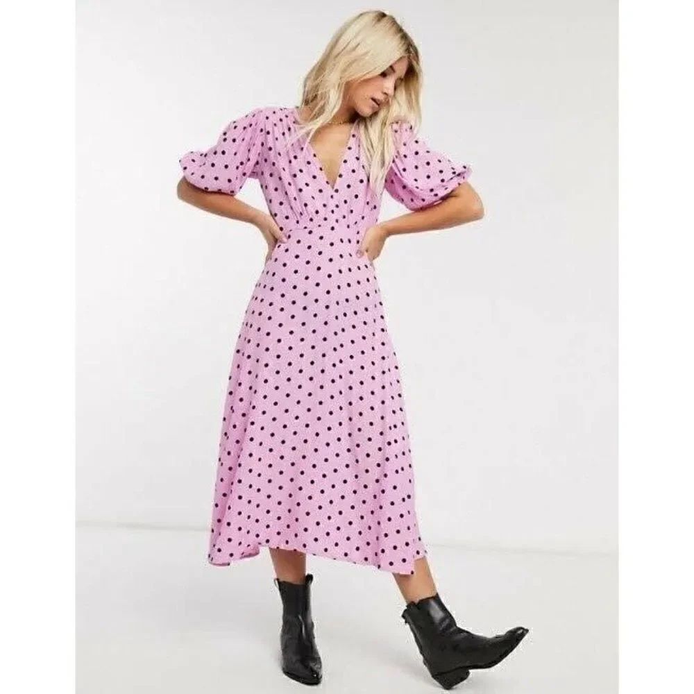 NWT FATHFULL THE BRAND MEJIA MIDI DRESS IN SYLVE DOT PRINT LILAC